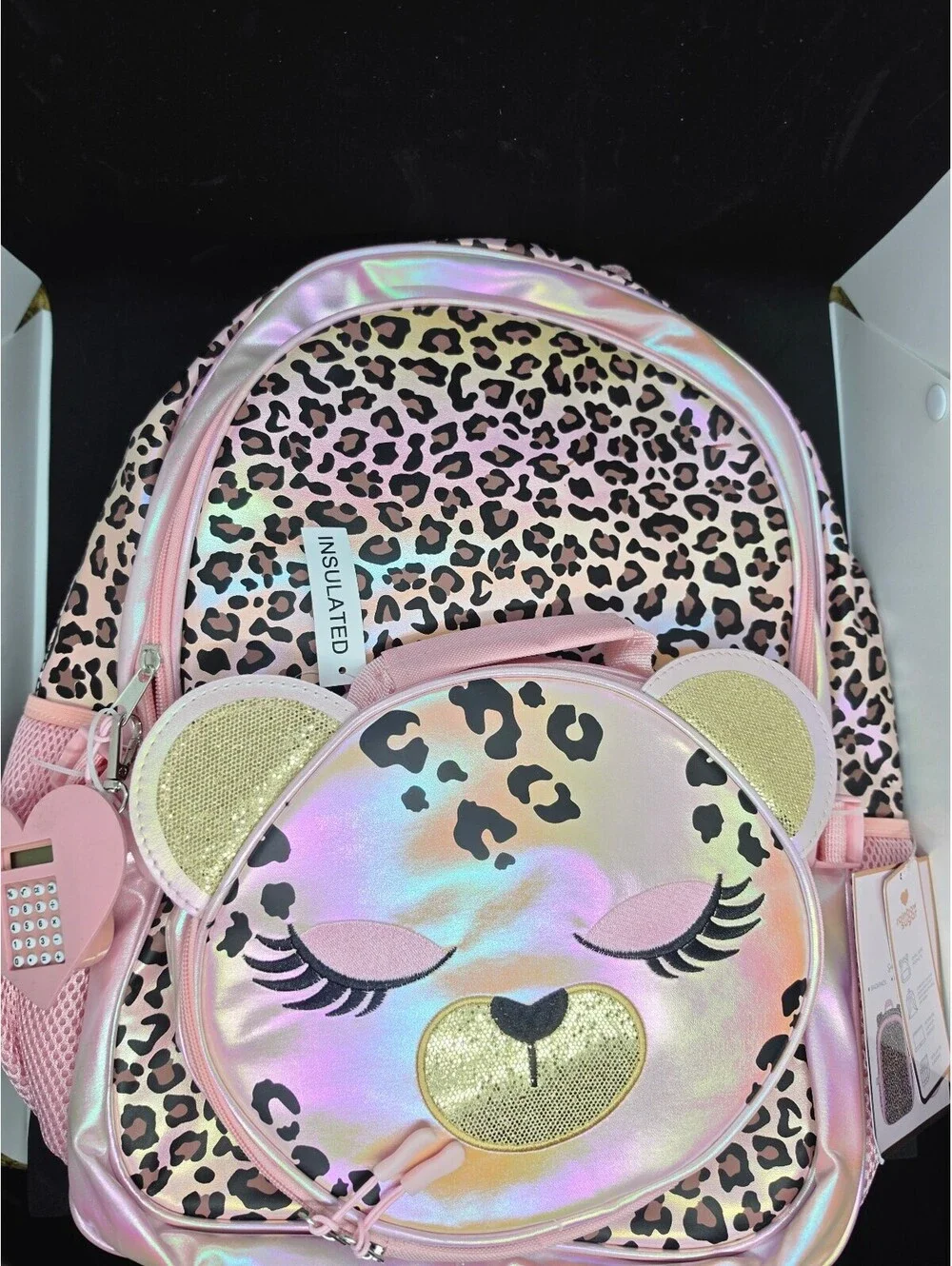 NEW Rainbow Sugar 3 PC Set Kids Backpack, Lunch Bag & Calculator - Pink Leopard